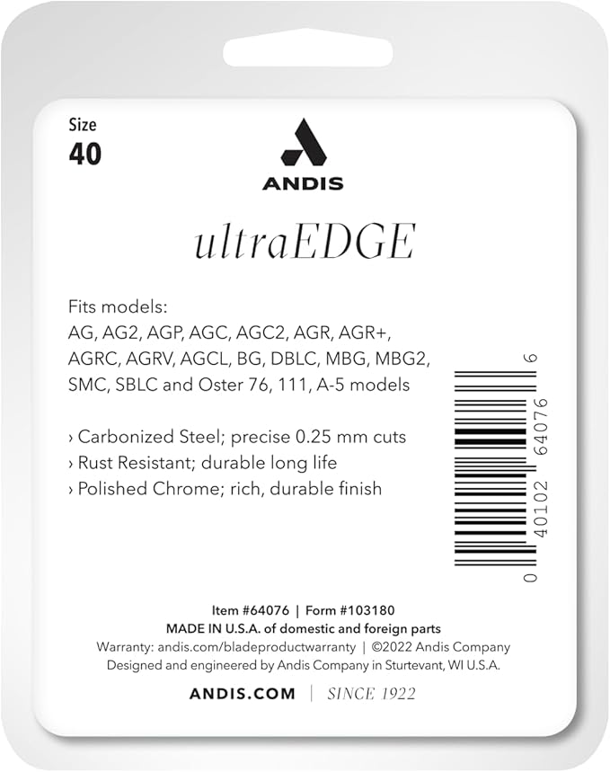 Andis 64076 UltraEdge Detachable Blade Size 40 – Carbon Steel Dog Clipper Blade, 1/100" Cut Length, Ultra Close Precision Grooming