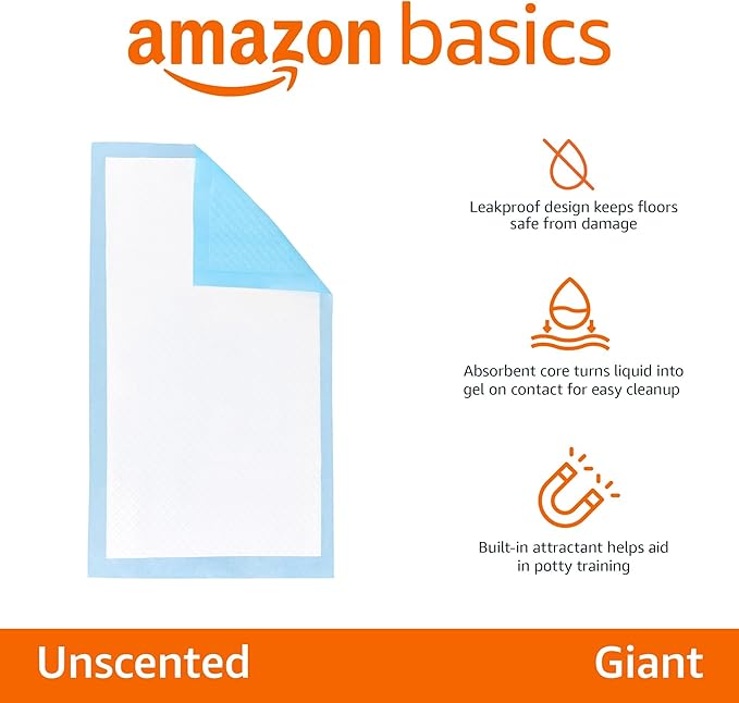 Amazon Basics Heavy Duty Dog and Puppy Pee Pads, Leak-Proof 5-Layer Super Absorbent, Quick-Dry Surface for Potty Training and Housebreaking, Giant Size, 27.5 x 44 Inch, Blue & White, 30-Pack
