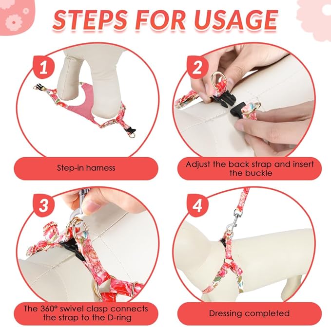 Lukovee Puppy Harness and Leash Set, No Pull Lightweight Soft Suede Adjustable Pet Harness Vest with Snap Buckle for Puppy Small and Medium Size Dog (Pink Rose, XS)