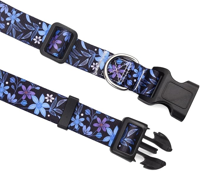 Mihqy Dog Collar and Leash Set with Bohemia Floral Tribal Geometric Patterns - Soft Ethnic Style Collar Adjustable for Small Medium Large Dogs(Blue Floral Set,S)