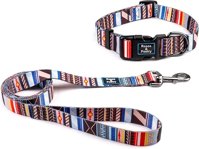Roses&Poetry Dog Collar and Leash for Small,Adjustable Durable Blue 5ft Puppy Leash Collar for Dog Training Lead（Stripe-M）