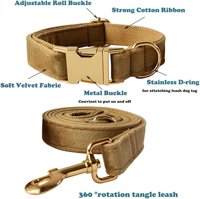 Love Dream Velvet Dog Collar and Leash Set, Soft & Comfy Adjustable Dog Leash and Collar with Heavy Duty Metal Buckle for Small Medium Large Dogs Training & Walking (Medium, Khaki)