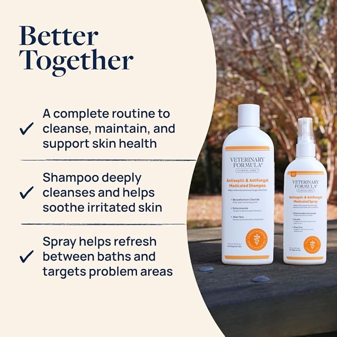 Veterinary Formula Clinical Care Antiseptic & Antifungal Medicated Shampoo and Spray for Dogs and Cats - Helps Alleviate Scaly, Greasy, or Red Skin - Paraben, Dye, and Soap Free, 2 Pack Bundle