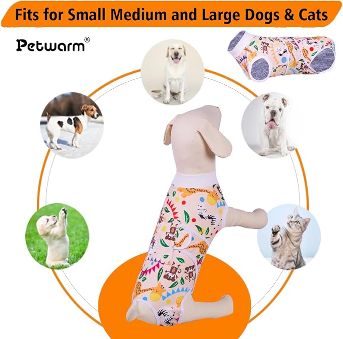 PetWarm Dog Recovery Suit Male After Surgery, Substitute E-Collar Cone Prevent Licking Onesies for Dogs, Dog Surgery Recovery Suit, Female Male Onesie for Dogs Spay Neuter, Zoo Pattern, Yellow, XL