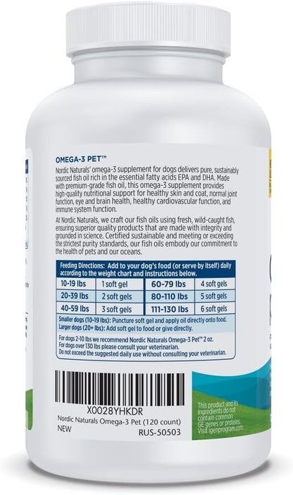 Nordic Naturals Omega-3 Pet, Unflavored - 120 Soft Gels - 320 mg Omega-3 Per Soft Gel - Fish Oil for Dogs with EPA & DHA - Promotes Heart, Skin, Coat, & Immune Health