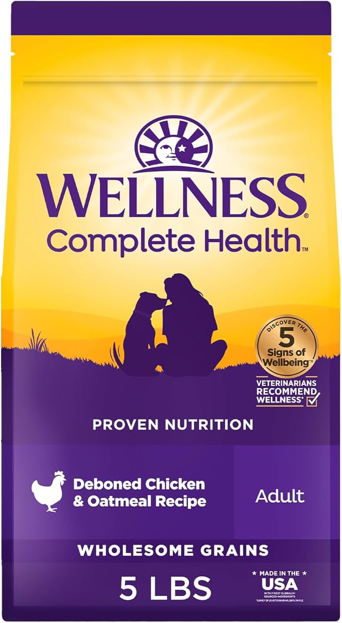 Wellness Complete Health Dry Dog Food, Wholesome Grains, Natural, Chicken & Oatmeal, (5-Pound Bag)