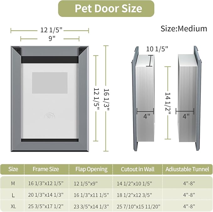 FreeStanding Doggy Door for Wall, Doggie Door with Aluminum Frame, Telescoping Tunnel, Magnetic Flap Design and Two Sliding Lock Panels,Medium,Gray.