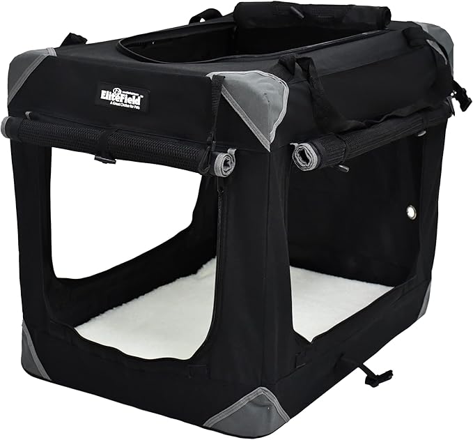 EliteField 4-Door Folding Soft Dog Crate with Curtains, Carrying Bag and Fleece Bed (2 Year Warranty), Indoor & Outdoor Pet Home (42" L x 28" W x 32" H, Black+4 Door Curtains)