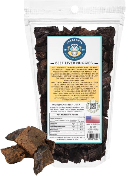 TREATOPIA Beef Liver Nuggies Dog Treats, 8 Ounce Bag - All-Natural, Sustainable, Healthy, High Protein, Hand-Trimmed, Slow-Roasted, Made in The USA, Nutritious, No Additives, No Fillers