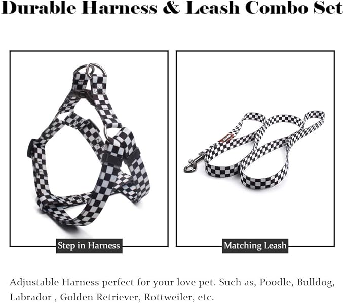 QQPETS Dog Harness Leash Set Adjustable Heavy Duty No Pull Halter Harnesses for Small Medium Large Breed Dogs Back Clip Anti-Twist Perfect for Walking (L(23"-32" Chest Girth), Black Plaid)