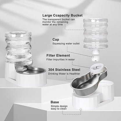 RIZZARI Dog Water Bowl Dispenser: 5L Large Stainless Steel Gravity Feeder - Leak-Proof - Detachable Bowl & Filter Instruction - Easy to Use for Busy Multi-Pet Owners with Small Puppies & Kittens