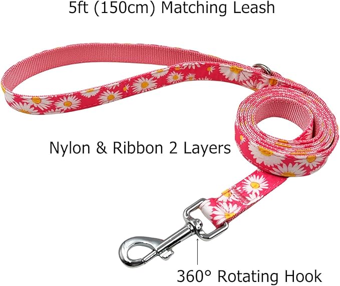Dog Collar Leash Set, Floral Pattern, Nylon Webbing Plus Cotton Ribbon, 5ft Matching Leash, for Medium Dogs.(M, Pink Daisy)
