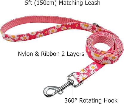 Dog Collar Leash Set, Floral Pattern, Nylon Webbing Plus Cotton Ribbon, 5ft Matching Leash, for Medium Dogs.(M, Pink Daisy)