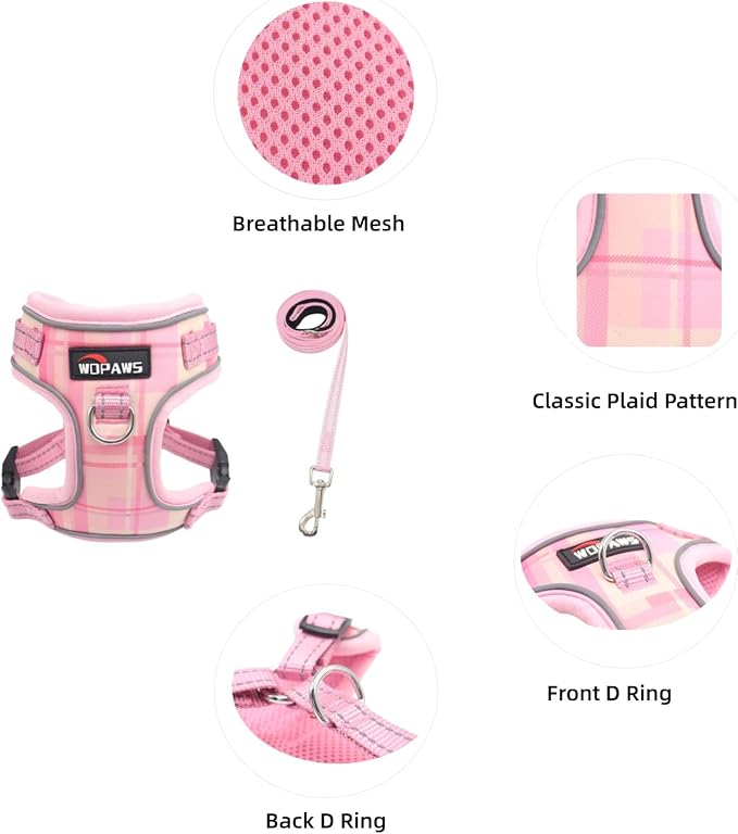 No Pull Dog Harness and Leash Set-Reflective Plaid Design, Adjustable & Comfortable with Front D Ring for Small Medium Dogs (M, Pink Plaid)