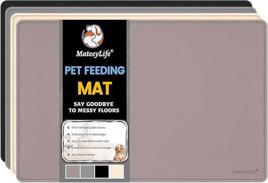 MateeyLife Dog & Cat Food Water Mat for Floors Waterproof, Nonslip Pets Bowl Feeding Mats with Raised Edges, Silicone Matt Tray for Messy Drinkers, 24"x16", Taupe