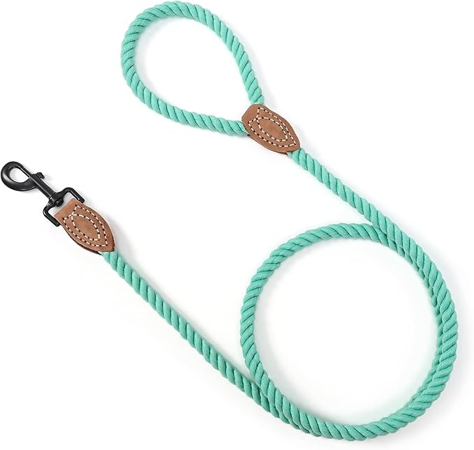 Mile High Life Dog Leash, Braided Cotton Rope Leashes with Leather Tailor Tip with Leather Tip - Heavy Duty Metal Clasp, 6FT, 1/2" Thick - Wedding, Walking Leash for Medium Large Dogs(Green)