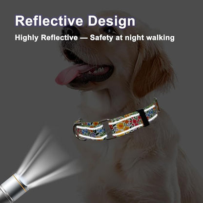 Reflective Martingale Collar for Dogs Nylon Training Collar with No Buckle Cute Floral No Pull Dog Collar for Large Dogs（Yellow Flower，L）