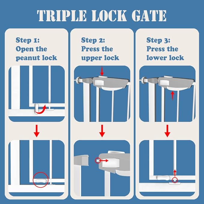 DEARBB Triple Lock Baby Gate for Stairs Doorways and House 31" to 86" Extra Wide Pressure Mounted Easy Walk Through Auto Close Safety Pet Gate White 76.77-86.22"