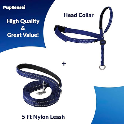 Headcollar for Dogs, Extra Soft Padded, Reflective, No Pull Dog Collar, Gentle Leader for Dogs with Durable Nylon Leash, Padded Handle - Navy Blue (Large)