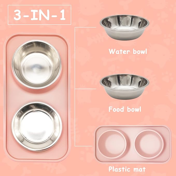BNOSDM Double Dog Food Bowls Stainless Steel Dog Food and Water Bowls with Non-Spill Plastic Mat Pet Cat Feeder Bowl Set for Puppy Cats Kitten Small Medium Dogs Pink