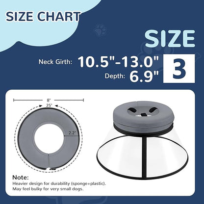Sponge Core Dog Cone, Inflatable Dog Cone Collar Alternative, Dogs Donut Collar After Surgery, Soft Cone for Large Medium Small Dogs to Stop Licking, No Inflation Required, Clear View(Size 3, Gray)