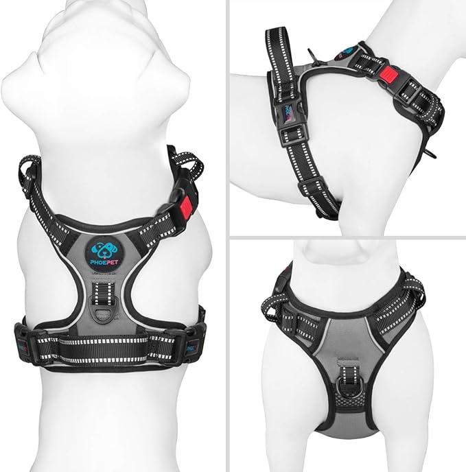 PHOEPET No Pull Dog Harness Medium Reflective Front Clip Vest with Handle,Adjustable 2 Metal Rings 3 Buckles,[Easy to Put on & Take Off](XL, Grey)