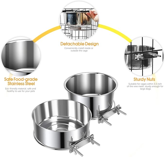 2 Pcs Medium Pet Dog Food Water Bowl for Cage Stainless Steel Non-Spill Kennel Hanging Cats Pets Bowls with Clamp Holder Crate Feeder Dish for Medium Dogs Pets (5.5x3.1'' & 6.3x2.6'')