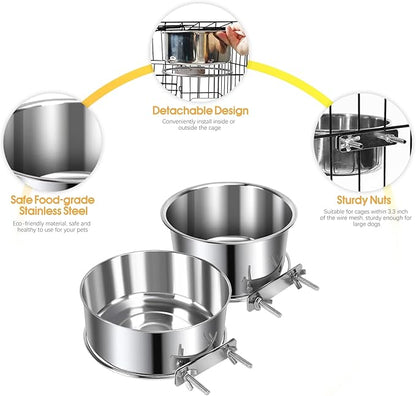 2 Pcs Medium Pet Dog Food Water Bowl for Cage Stainless Steel Non-Spill Kennel Hanging Cats Pets Bowls with Clamp Holder Crate Feeder Dish for Medium Dogs Pets (5.5x3.1'' & 6.3x2.6'')