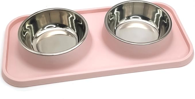 BNOSDM Double Dog Food Bowls Stainless Steel Dog Food and Water Bowls with Non-Spill Plastic Mat Pet Cat Feeder Bowl Set for Puppy Cats Kitten Small Medium Dogs Pink
