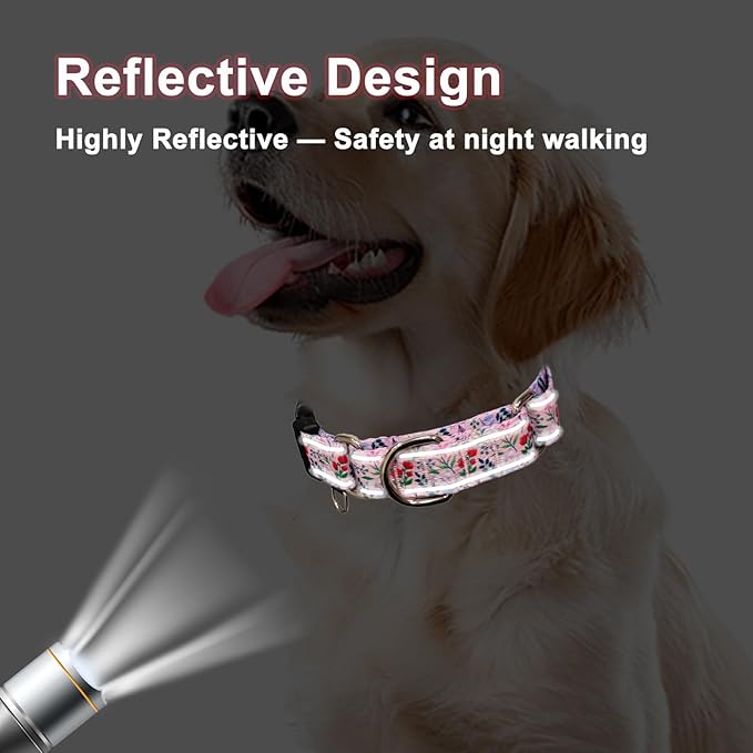 Reflective Martingale Collar with Quick Release Buckle Anti Pulling Girl Female Dog Collars (Pink Flowers Plants, Medium)