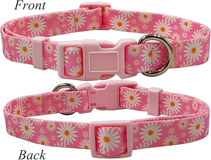Dog Collar Leash Set, Floral Pattern, Polyester Material, Adjustable Collar and 5ft Matchcing Leash, for Large Dogs.(L, Light Pink Daisy)
