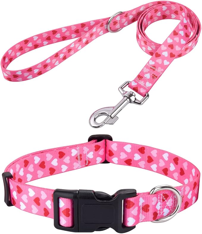 Mihqy Dog Collar and Leash Set - Adjustable Heart Dog Collar - Love Theme - Perfect for Small Medium Large Dogs(Pink Heart Set,XS)