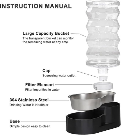 RIZZARI Dog Water Bowl Dispenser : 8L Gravity Large Black Stainless Steel Automatic Feeder with Triple Filter - No Spill - Easy Clean - for Energetic Dog Owners - Multi-Pet Families -Backyard -Balcony