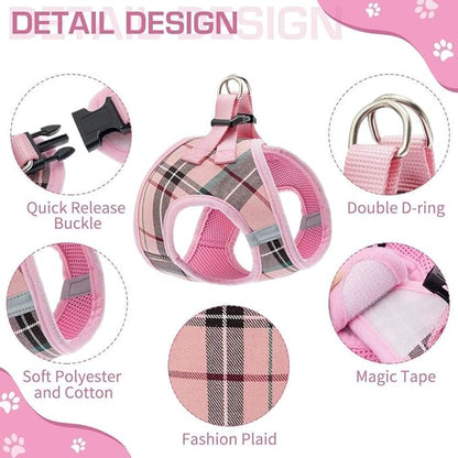KOOLTAIL Small Dog Harness and Lead Set, Soft Mesh Plaid Puppy Harness with Safety Buckle, Adjustable & Comfortable Padded Reflective Vest for Puppies and Small Breeds Dogs Walking,Pink,X-Small