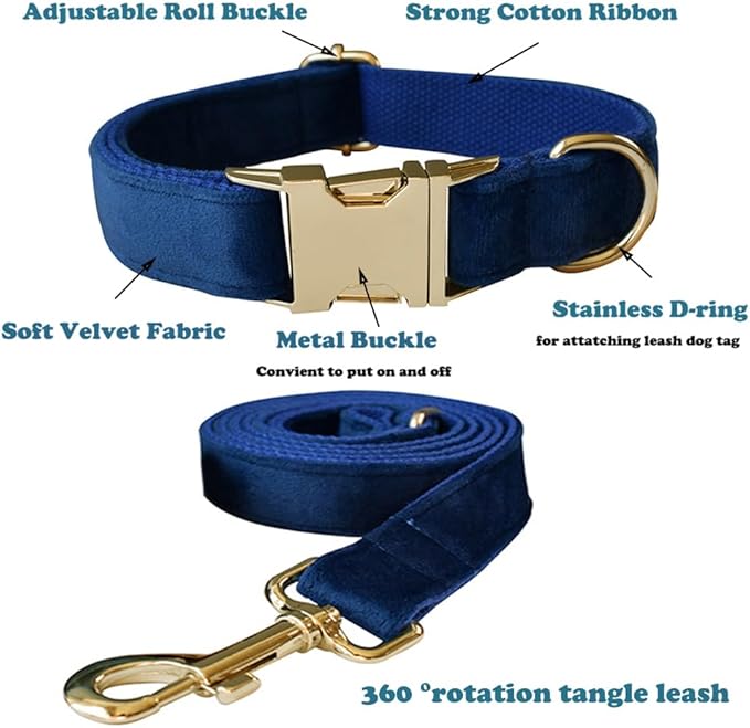 Love Dream Velvet Dog Collar and Leash Set, Soft & Comfy Adjustable Dog Leash and Collar with Heavy Duty Metal Buckle for Small Medium Large Dogs Training & Walking (Large, Royal Blue)