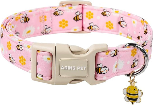 ARING PET Spring Summer Dog Collar, Cute Pink Bee Daisy Floral Pet Collars with Quick Release Buckle for Puppy Small Medium Large Boy Girl Dogs-S