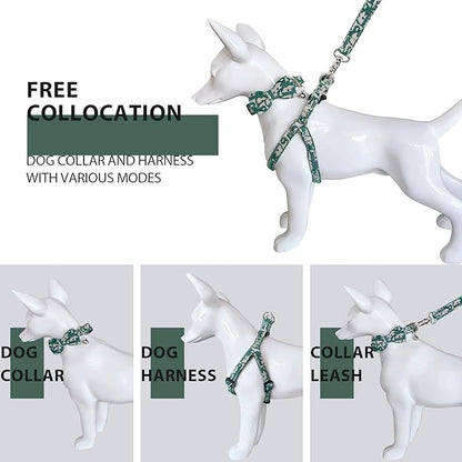 Dog Collar and Harness with Leash Set, Premium Breathable Harness for Girl Boy Dogs, No Pull Easy Walking Pet Harness, Green, L