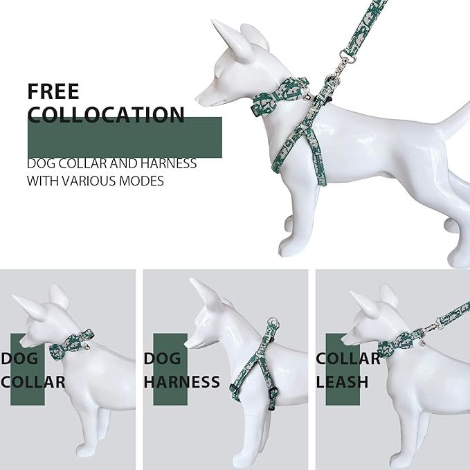 Dog Collar and Harness with Leash Set, Breathable Puppy Harnesses for Small Dogs, No Pull Easy Walking Pet Harness, Green, S