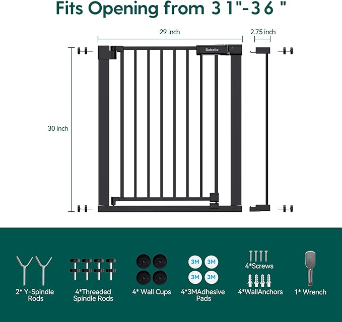 Babelio Baby Gate for Doorways and Stairs, 31-36" Pet Gate with Wide Walk Thru Door and Lock Indicator, No Drill Pressure Mounted Safety Gate with Double Lock and Self-Closing, Black