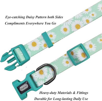 Dog Collar Leash Set, Floral Pattern, Polyester Material, Adjustable Collar and 5ft Matchcing Leash, for Large Dogs.(L, Light Green Daisy)