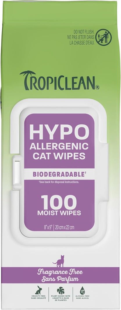 TropiClean Hypoallergenic Cat Wipes, Unscented, Essential Cat Grooming Supplies, Kitten Safe, Grooming Wipes for Cleaning Fur, Made in USA, 100ct