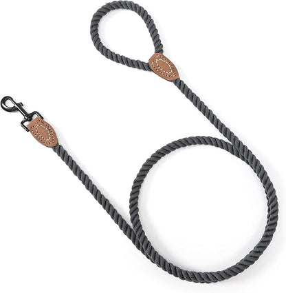 Mile High Life Dog Leash, Braided Cotton Rope Leashes with Leather Tailor Tip with Leather Tip - Heavy Duty Metal Clasp, 4FT, 1/2" Thick - Wedding, Walking for Medium Large Dogs(Dark Gray)