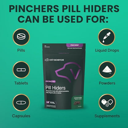 VetriScience Pinchers Pill Hiders Chews, Non-Greasy with Probiotics for Dogs, Disguise Small Capsules and Tablets, Soft and Chewy, Gut and Immune Support, Chicken, 45 Count