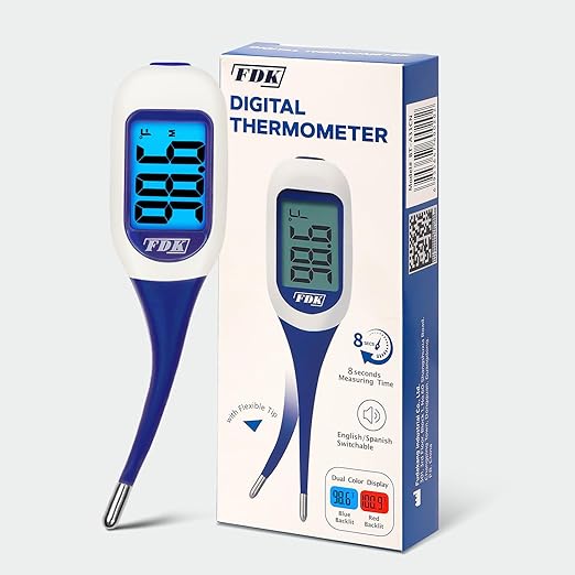 FDK Large LCD Screen Digital Thermometer for Fever, 8 Seconds Fast & Accurate Readings, Large LCD Dual Color Backlight Flexible Tip Ideal for Adults Kids and Babies FSA