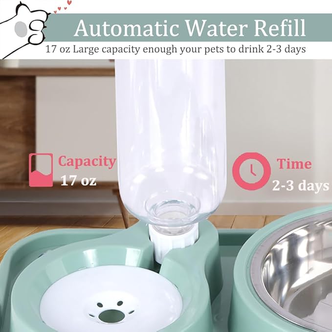Dog Bowls, Non-Slip Puppy Cat Food and Water Bowl Set with Water Dispenser and Stainless Steel Bowl Detachable Gravity Pet Feeder and Waterer Set for Cats Dogs Puppy Rabbit (Green, 1000ML)
