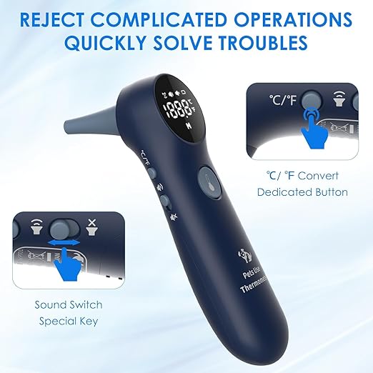 Pet Ear Thermometer for Dogs, Cats, and Livestock, Long Probe Designed, ℃/ ℉ Convert and Sound Switch Dedicated Button, 1 Second Measurement, 20 pcs Pet Swabs Included(Blue)
