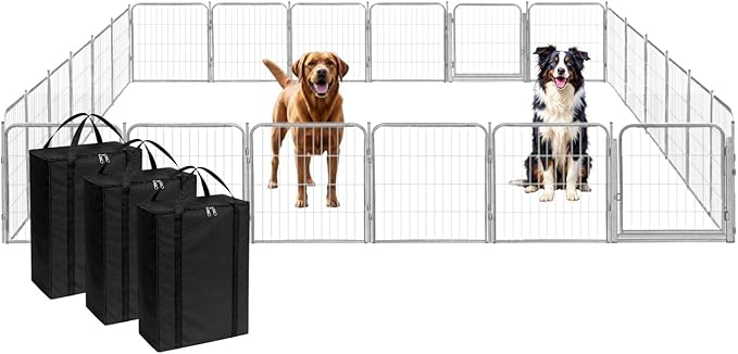 Dog Playpen w/Carrying Case for Indoor or Outdoor Use – 24 Inch, 24 Grey Panels - Portable Metal Exercise Pen for Small Dogs & Puppies - Pet Fence Kennel Crate for House, RV, or Travel