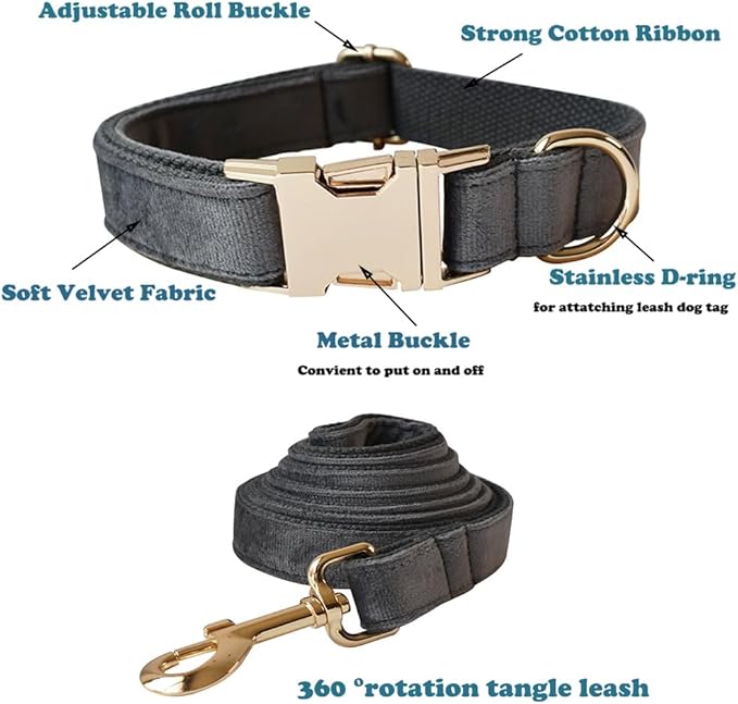 Love Dream Velvet Dog Collar and Leash Set, Soft & Comfy Adjustable Dog Leash and Collar with Heavy Duty Metal Buckle for Small Medium Large Dogs Training & Walking (XLarge, Dark Grey)