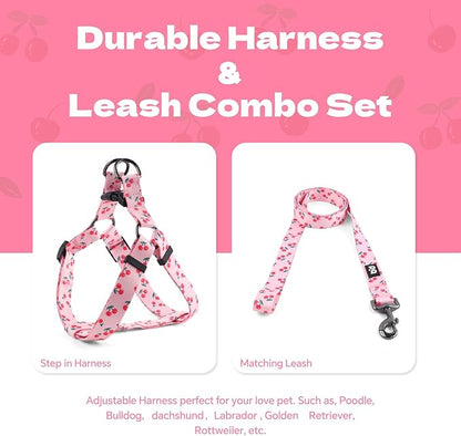 QQPETS Dog Harness Leash Set Adjustable Heavy Duty No Pull Halter Harnesses for Small Medium Large Breed Dogs Back Clip Anti-Twist Perfect for Walking (M(19"-26" Chest Girth), Sakura Pink)