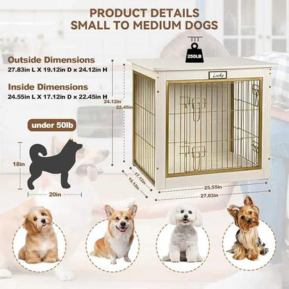 Luxury Dog Crate Furniture with Double Doors, White Wood Pet Crate End Table with Gold Metal Bars, Heavy Duty Indoor Dog Kennel for Small Medium Dogs, Furniture Style Dog Cage